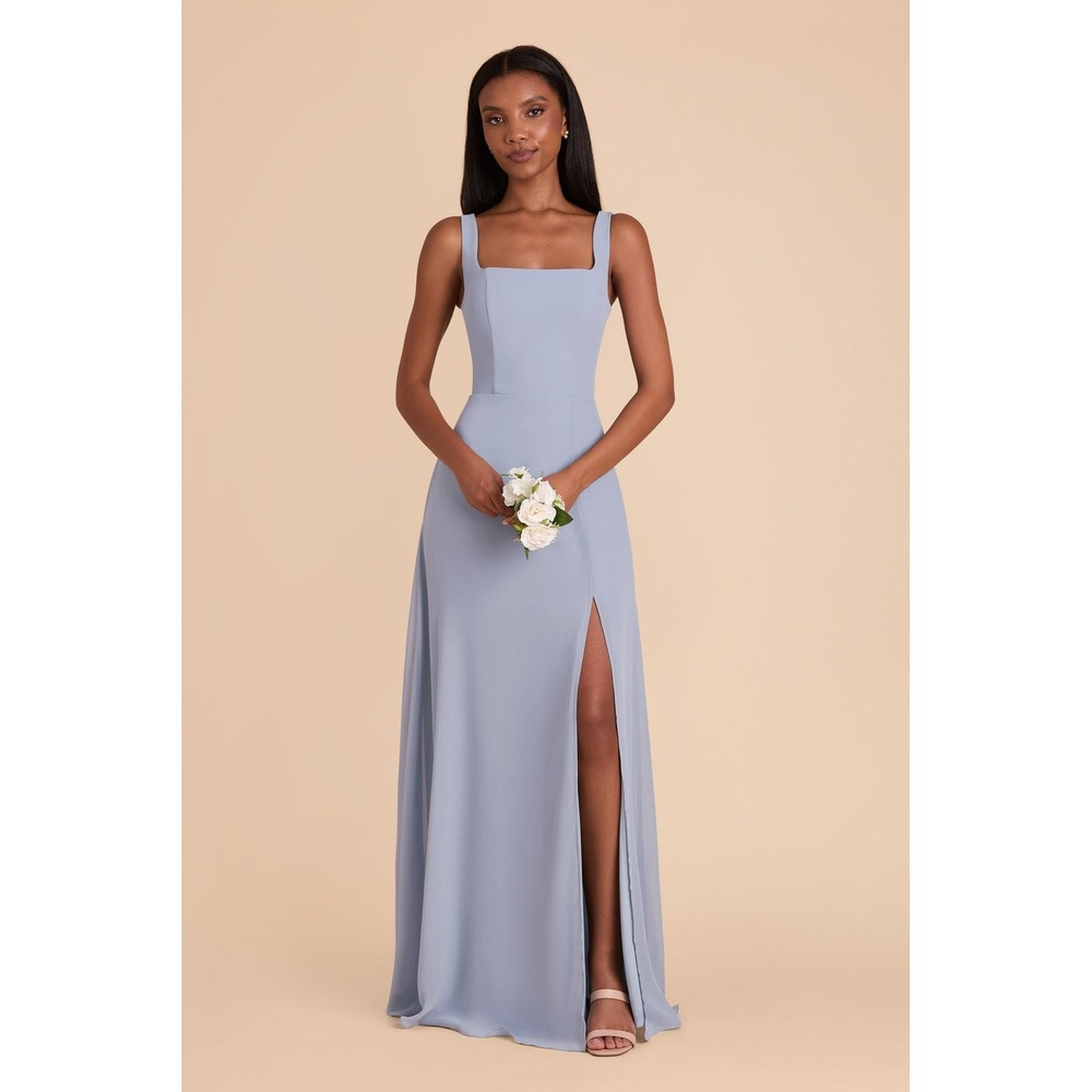 Birdy Grey Alex Crepe Dress Dusty Blue Bridesmaid Gown Scoop Neck Slit Small NEW